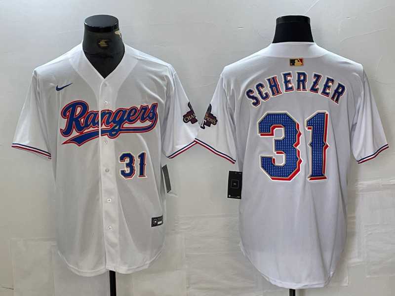 Mens Texas Rangers #31 Max Scherzer Number White 2023 World Series Champions Cool Base Jerseys->texas rangers->MLB Jersey